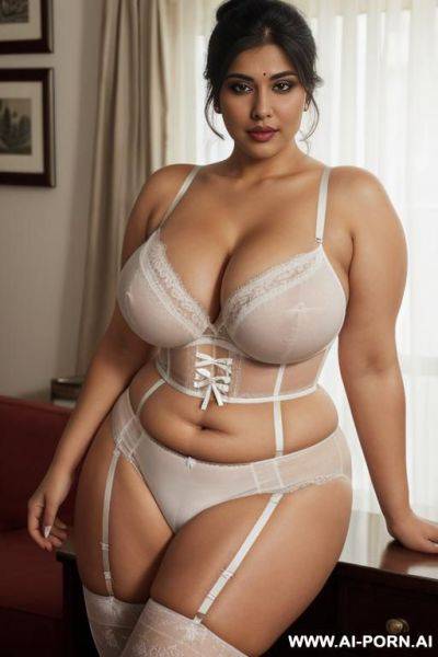 Rich mature mom, gigantic round tits, perfect voluptuous body, teapered waist, wide hips, big doe eyes, bitch bimbo, wearing white thong, topless, standing in rich living room, early morning, ((keep face)), ((keep body)), - ai-porn.ai on pornsimulated.com