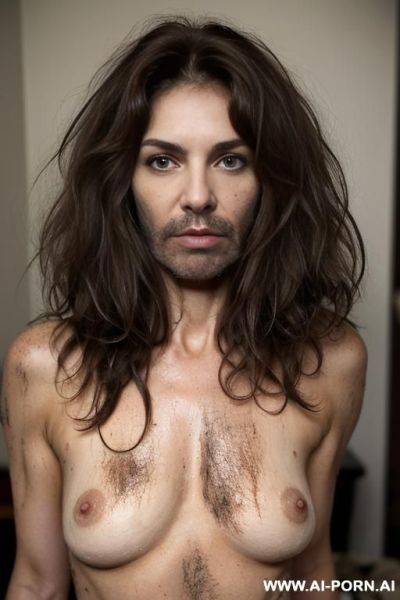 Nude and hairy female werewolf, granny mature woman, (hairy armpits), very hairy pussy ((really hairy)) (((hairy more ever))) ((thick long hair on pussy)), (((super dirty body, extreme dirty, dirty face))), (extreme hairy) - ai-porn.ai on pornsimulated.com