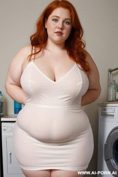 Half-length photo, ((half body photo shot close up)). as a set in the laundry area, a (((very obese))) fat chubby fat thick and bbw redhead british, ((she is washing clothes)). she has - ai-porn.ai - Britain on pornsimulated.com