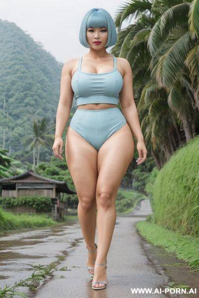 Bob with bangs haircut, light blue hair, beautiful atractive asian woman, huge bulked up thighs, gigantic thighs, strong legs, massive thighs, wide hips, running in footpath aming rice fields - ai-porn.ai on pornsimulated.com