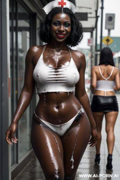 Ebony women, soaking wet, oily, hardworking and torn damaged ripped clothes. wrinkled clothes, tattered clothes. oily shiny skin, wet oily women running in the pouring rain. heavy rain fall. - ai-porn.ai on pornsimulated.com