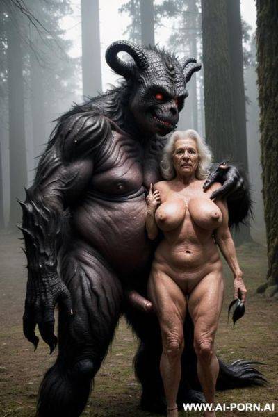Two characters in the picture: a grandmother and male space monster (fictional image); night, very dark, almost pitch black (visibility extremely low), heavy rain; big space monster (male monster) - ai-porn.ai on pornsimulated.com