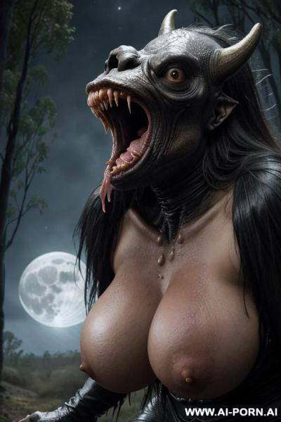 Night, big fantasy male monster (extraterrestrial creature), male has huge erect fantastic looking dick, monster excited by sight of naked woman (simple russian village woman from the outback), - ai-porn.ai - Russia on pornsimulated.com