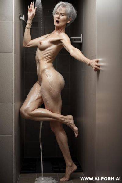 Older woman, full body, wrinkled skin, wrinkled skin, sexy granny, sun s on skin, short hair, showering, wet skin, soapy bubbles, giving the middle finger, - ai-porn.ai on pornsimulated.com