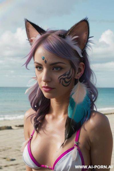 Face, sexy, beautiful, ((face painting)), ((bikini as seashell)), ((tattoo roses)), ((eyes shw)), ((angel wings)), ((rainbow hair)), ((long bu hair)), ((wind)), (( cat face)), (( cat ears)), (((feather - ai-porn.ai on pornsimulated.com
