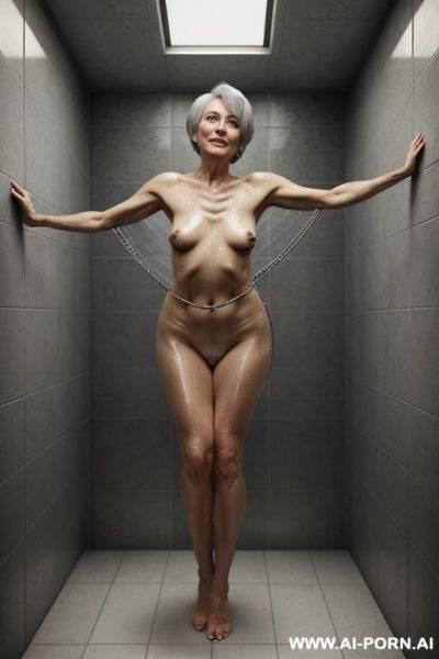 Old lady, wrinkled skin, winked face, curvy hips, waist, pixie cut, standing in the shower, covered in water, vey wrinkly skin, down, oil on her body - ai-porn.ai on pornsimulated.com