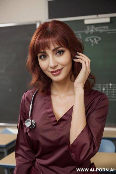 Gorgeous persian mom, perfect body, voluminous hair, (((she is wearing realistic medical scrubs))) (completely dressed) (alluring eyes) (((keep face))) (seen from head to thighs) - ai-porn.ai - Iran on pornsimulated.com