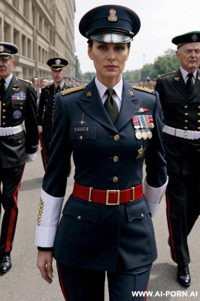 Military parade, military dress uniform, military necklace, surrounded by old men - ai-porn.ai on pornsimulated.com