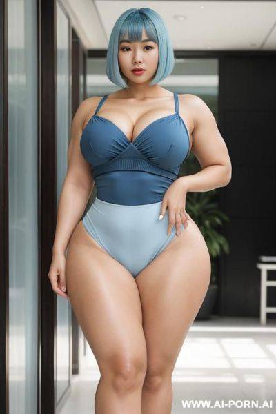 Bob with bangs haircut, light blue hair, beautiful atractive asian woman, huge bulked up thighs, gigantic thighs, strong legs, massive thighs, wide hips - ai-porn.ai on pornsimulated.com