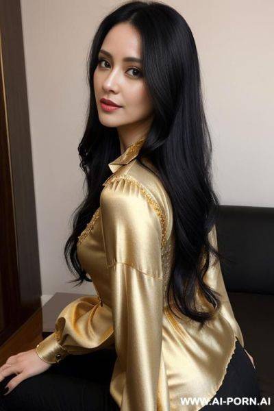 Woman long hair blouse lace gold selfie - ai-porn.ai on pornsimulated.com