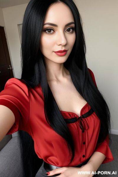 Woman long hair blouse red selfie - ai-porn.ai on pornsimulated.com