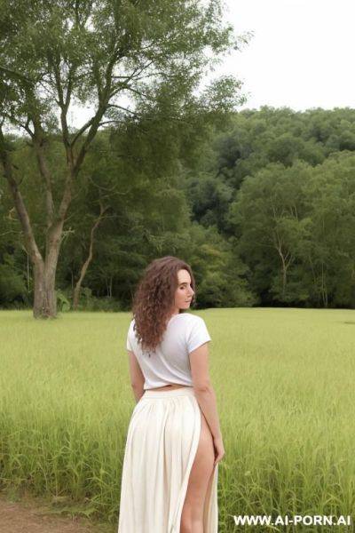 Village farms! forest! woman standing on the grass! barefoot! white t-shirt and skirt! nude ass! - ai-porn.ai on pornsimulated.com