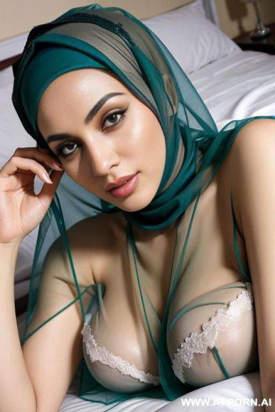 Sexy hijab wife in laying down in bed with transparent cloths - ai-porn.ai on pornsimulated.com