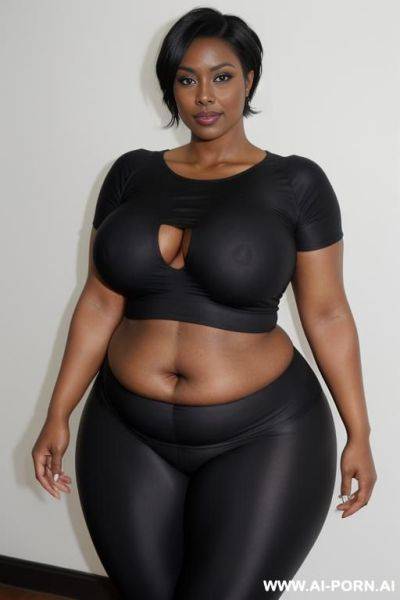 Sexy bimbo milf, aged milf, matured milf, thot, really dark black skin, deep dark black skin color, ultra thicc, bulked up thighs, tight shirt, extremely gigantic boobs, perfect eyes - ai-porn.ai on pornsimulated.com