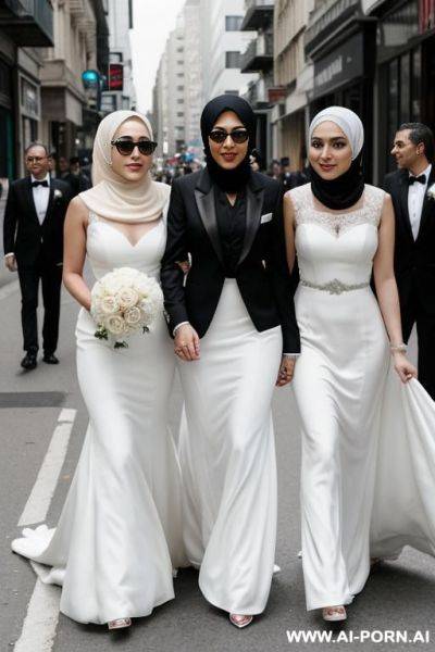 Lesbian womans in hijabs, on the street, the first woman in a black tuxedo, the second woman in a white wedding dress with a ring on her finger - ai-porn.ai on pornsimulated.com