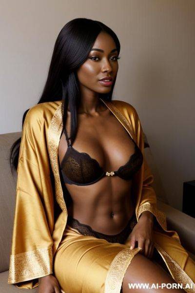 Realistic kongo woman, happy, beautiful natural boobs, beautiful natural body, ochre royal african robes, brown royal african lingerie, in a harem, on a couch - ai-porn.ai on pornsimulated.com
