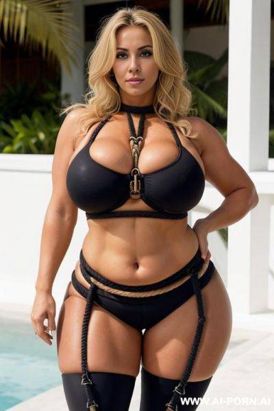 Sexy bimbo milf, aged milf, matured milf, thot, ultra thicc, tanned skin, sun tan skin, bulked up thighs, tight sport shorts, tight shirt, extremely gigantic boobs, (((rope bondage))) - ai-porn.ai on pornsimulated.com