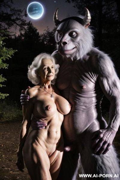 Two characters in the picture: granny and space monster (male) (fictional image); monster holding grandma in his arms - ai-porn.ai on pornsimulated.com