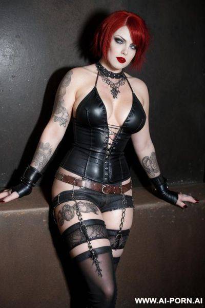 Mature woman, redhair, gothic hair cut, big ass, medium breast, dirty tank top, used jeans - ai-porn.ai on pornsimulated.com