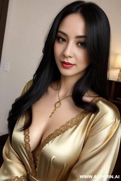 Woman long hair blouse lace gold selfie - ai-porn.ai on pornsimulated.com