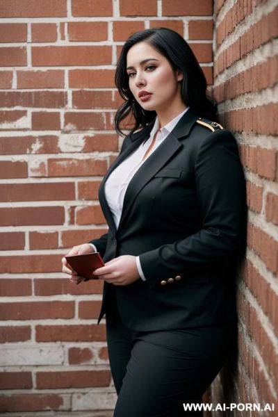 A very plump woman in an open socialist uniform leaning against a brick wall masturbating. - ai-porn.ai on pornsimulated.com