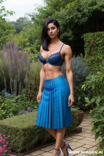 Indian, short hair, fit, abs, muscular arms, big ass, tall, long legs, navel piercing, blue bra, blue pleat skirt, looking at camera, full body, stiletto, in garden - ai-porn.ai - India on pornsimulated.com