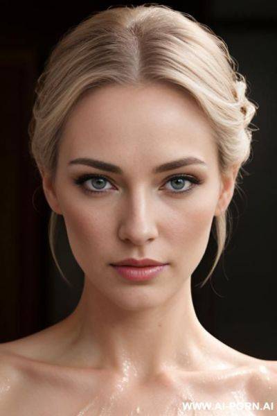 Realistic, beautiful face, fair white wet skin, sexy body, perfect natural breasts, makeup, eye contact, updo hair, naked woman - ai-porn.ai on pornsimulated.com