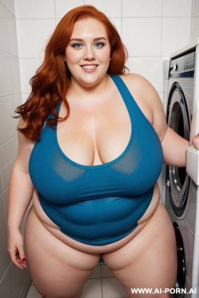 Half-length photo, ((full body photo shot close up)). as a set in the laundry area, a (((bbw))) fat chubby fat thick and bbw redhead british, ((she is washing clothes)). ((she has lovehandless)). she is wearing a ripped gym clothes - ai-porn.ai - Britain on pornsimulated.com