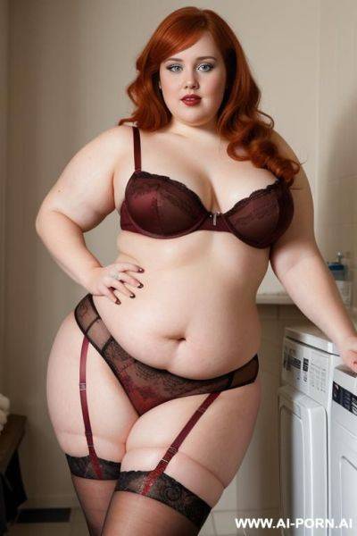 Half-length photo, ((half body photo shot close up)). as a set in the laundry area, a (((very obese and big))) fat chubby fat thick and bbw redhead british, ((she is washing clothes)). she - ai-porn.ai - Britain on pornsimulated.com