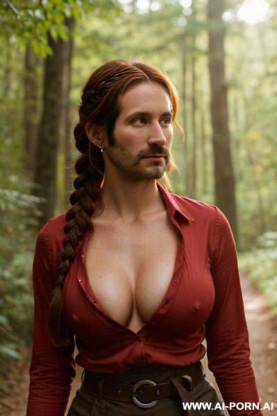 Pretty woman walking down a trail in the woods. hairy pussy. big nipples. tight red shirt - ai-porn.ai on pornsimulated.com