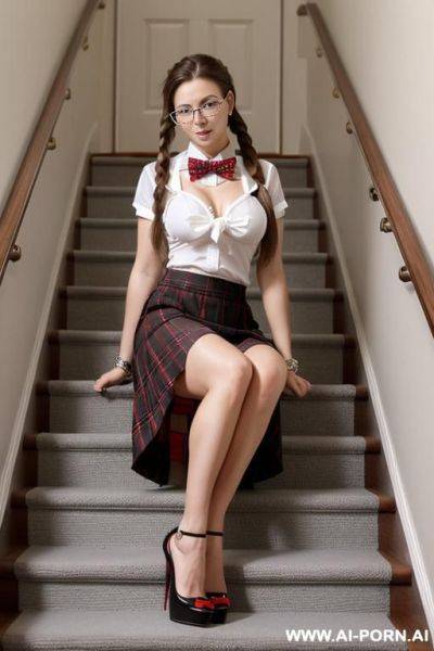 (bow tie) (plaid skirt) (sitting on the stairs) (glasses) - ai-porn.ai on pornsimulated.com