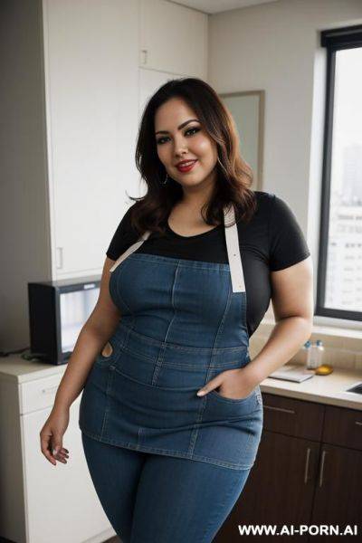 Mexican, supermodel, big forehead, wide hips, tight shirt, eye contact, high rise jeans, apron - ai-porn.ai - Mexico on pornsimulated.com