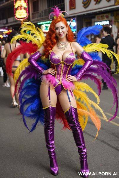 Djfk, rainbow feather studed bright diamond transparent corset，feather tutu skirt， mesh robe， rainbow sequin bra ,necklace，rainbow large pointed thigh-high boots - ai-porn.ai on pornsimulated.com