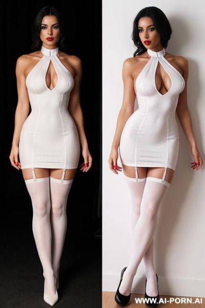 Fit figure, halter dress, white stockings, provocative makeup - ai-porn.ai on pornsimulated.com