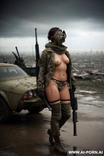At nigth , apocalyptic city , cloudy sky fog battle city , atomic bomb explosions landscape , side view horizont looking , walking sexy pose , mud-stained body , camouflage thong , topless - ai-porn.ai on pornsimulated.com