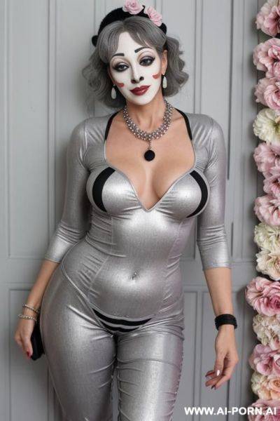 Mature, milf, perfect hourglass figure, eye contact, looking into camera, necklace, earrings, bracelets, wearing flowers, totally naked, full h - ai-porn.ai on pornsimulated.com