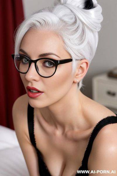 White hair bun glasses stockings bending over - ai-porn.ai on pornsimulated.com