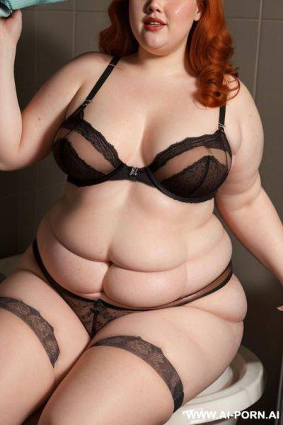 Half-length photo, ((half body photo shot close up)). as a set in the laundry area, a (((very obese))) fat chubby fat thick and bbw redhead british, ((she is washing clothes)). she has - ai-porn.ai - Britain on pornsimulated.com