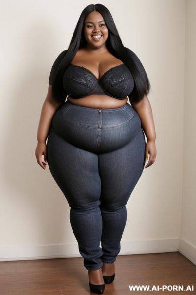 Supermodel, very pear shaped, black woman, wide hips, ditzy, long hair, underwear - ai-porn.ai on pornsimulated.com