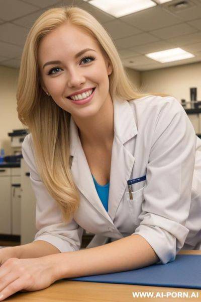 Blonde, sorority woman, laying on lab table, laboratory, laying down, side angle, pear shaped - ai-porn.ai on pornsimulated.com