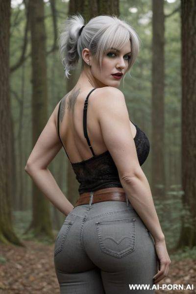 White 2 goth woman showing her huge ass in grey jeans, black tank tops and has a tails - ai-porn.ai on pornsimulated.com