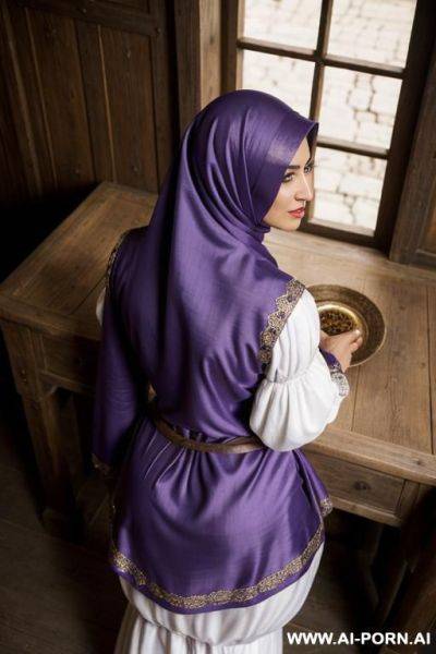 Mu, beautiful face, hijab, slight cheekbones, 30, natural boobs, big ass, soft alluring smile, makeup, blusher, standing, naked, spreading legs, long hair, art, eye contact, - ai-porn.ai on pornsimulated.com