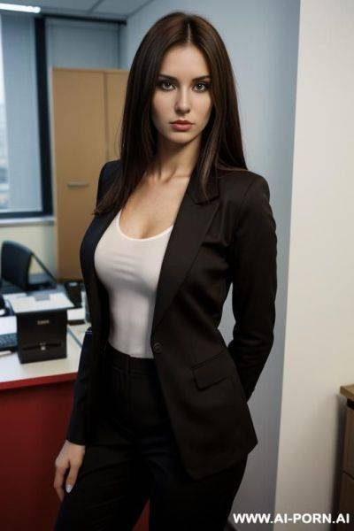 Dark brown hair, black blazer and pants and red t-shirt - ai-porn.ai on pornsimulated.com