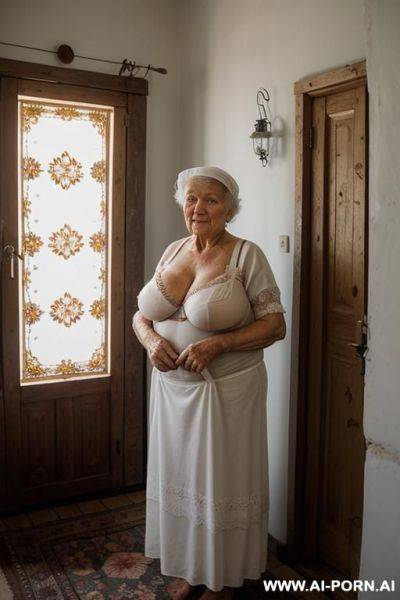 An elderly ukrainian woman from a remote village in the sumy region is getting ready for bed in a modest rural home. it is evening, and the soft glow from a single light source gently - ai-porn.ai on pornsimulated.com