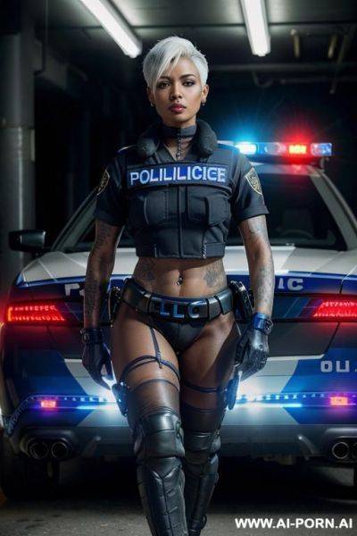 A naked dark-skinned muscular policewoman with short white hair, a body covered in vulgar inscriptions and sprayed with white liquid in a collar, lies in tears with a lost look in full growth, toples, piercing nipples, black lipstick - ai-porn.ai on pornsimulated.com