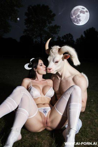 Cow man and a woman in white kneesocks have sex in the moonlight - ai-porn.ai on pornsimulated.com