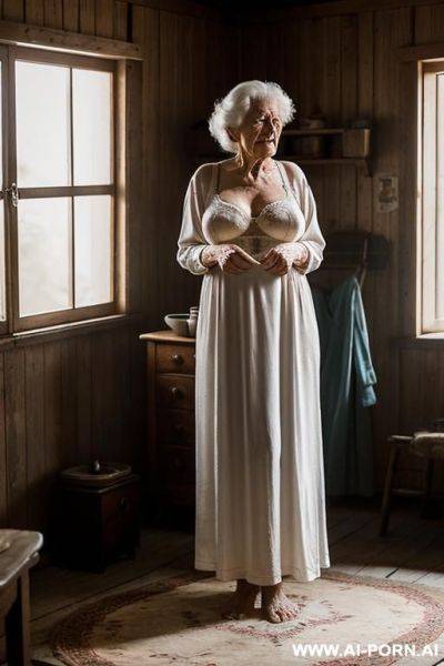 An elderly ukrainian woman from a remote village in the sumy region is getting ready for bed in a modest, rural home. it is evening, and the dim, glow from a single light source softly - ai-porn.ai - Ukraine on pornsimulated.com