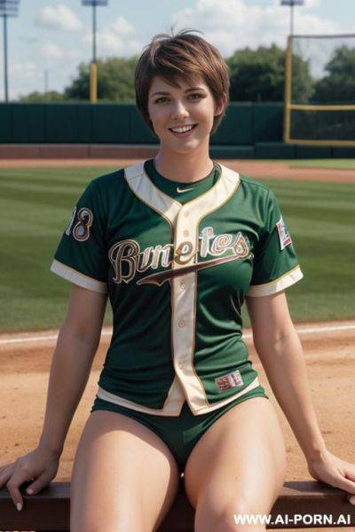 Humongous breasts, brown hair, green eyes, pixie haircut, baseball jersey, no pants, showing pussy, smile, baseball field, sitting on bench - ai-porn.ai on pornsimulated.com