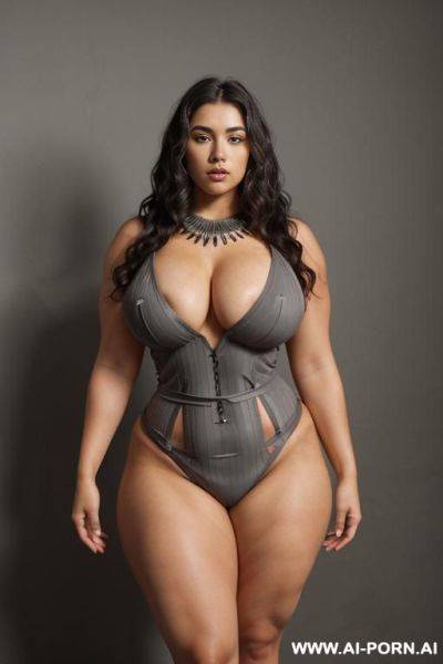 Aztec goddess, grey studio background, , huge curvy hips, thick muscular thighs, waist, femi body, perfectly symmetrical breast - ai-porn.ai on pornsimulated.com