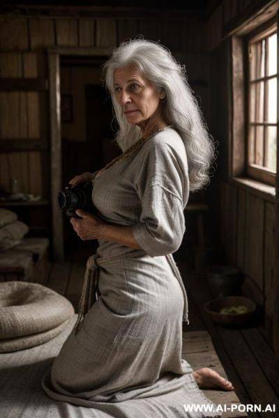 ((two people in the frame!)) the image shows a photo shoot scene inside a , rustic ukrainian village house at night. a ((male photographer)) and an ((elderly ukrainian village woman)) are - ai-porn.ai - Ukraine on pornsimulated.com